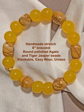 Handmade stretch 8" bracelet, Round polished Agate & Tiger Jasper beads, Unisex